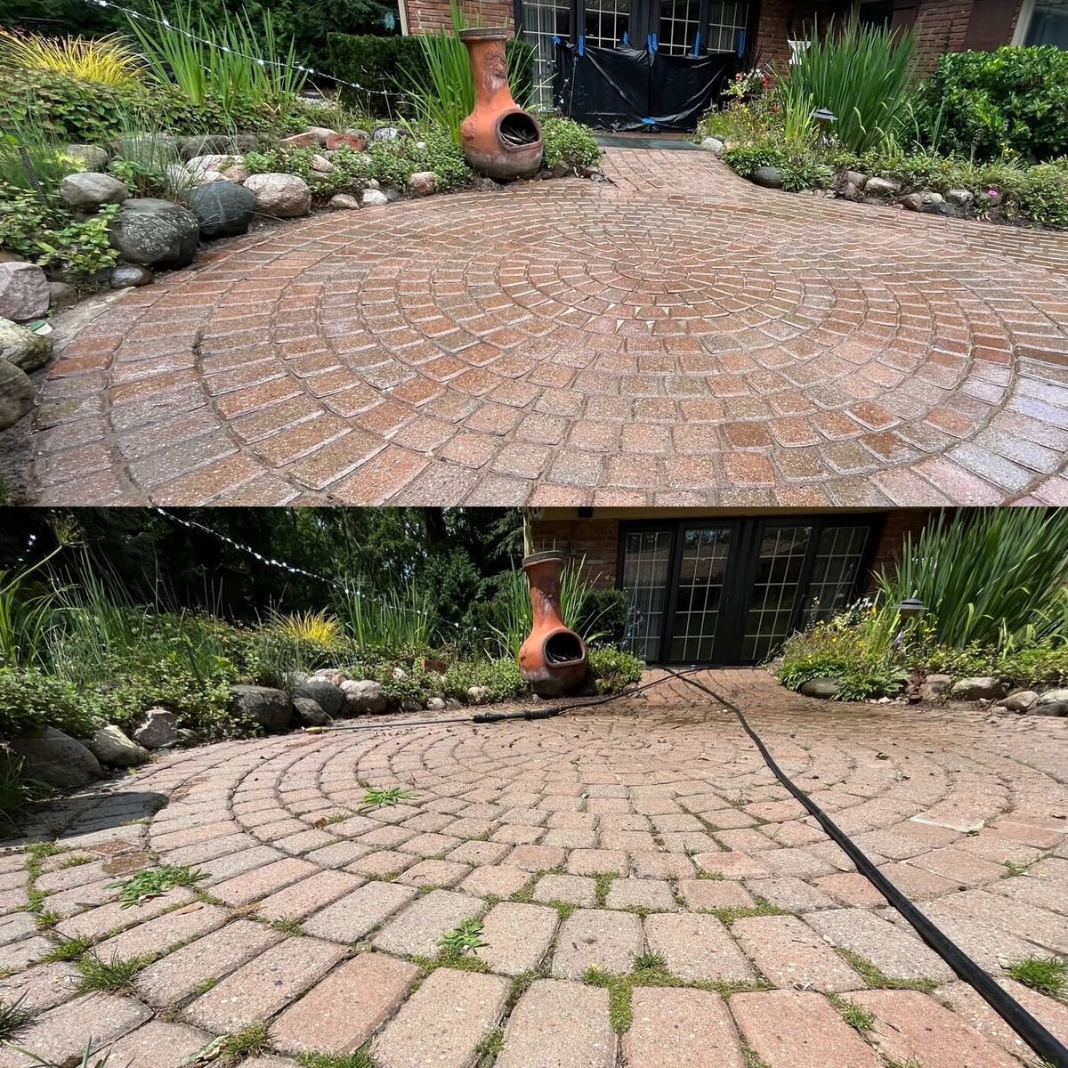 Circular brick paver patio before and after cleaning — joints cleared and color brought back.