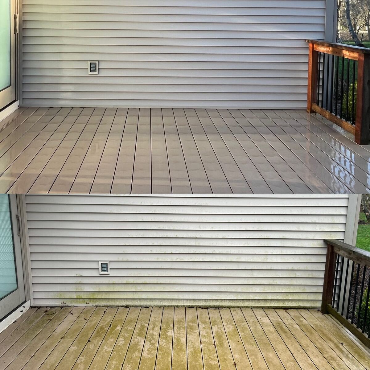 Deck and house siding before and after soft washing — green algae removed.