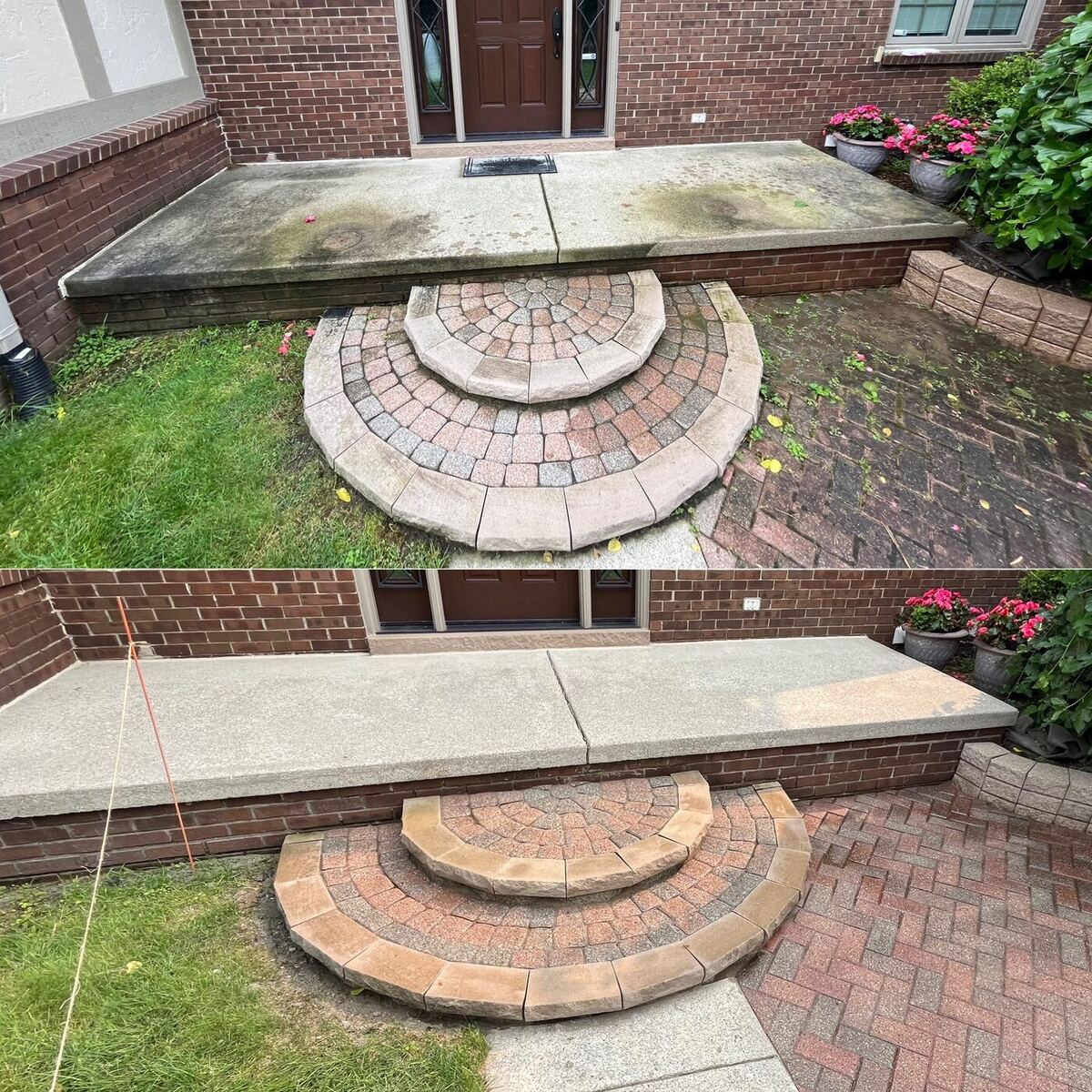 Brick front entry steps and paver landing before and after washing — black grime removed.