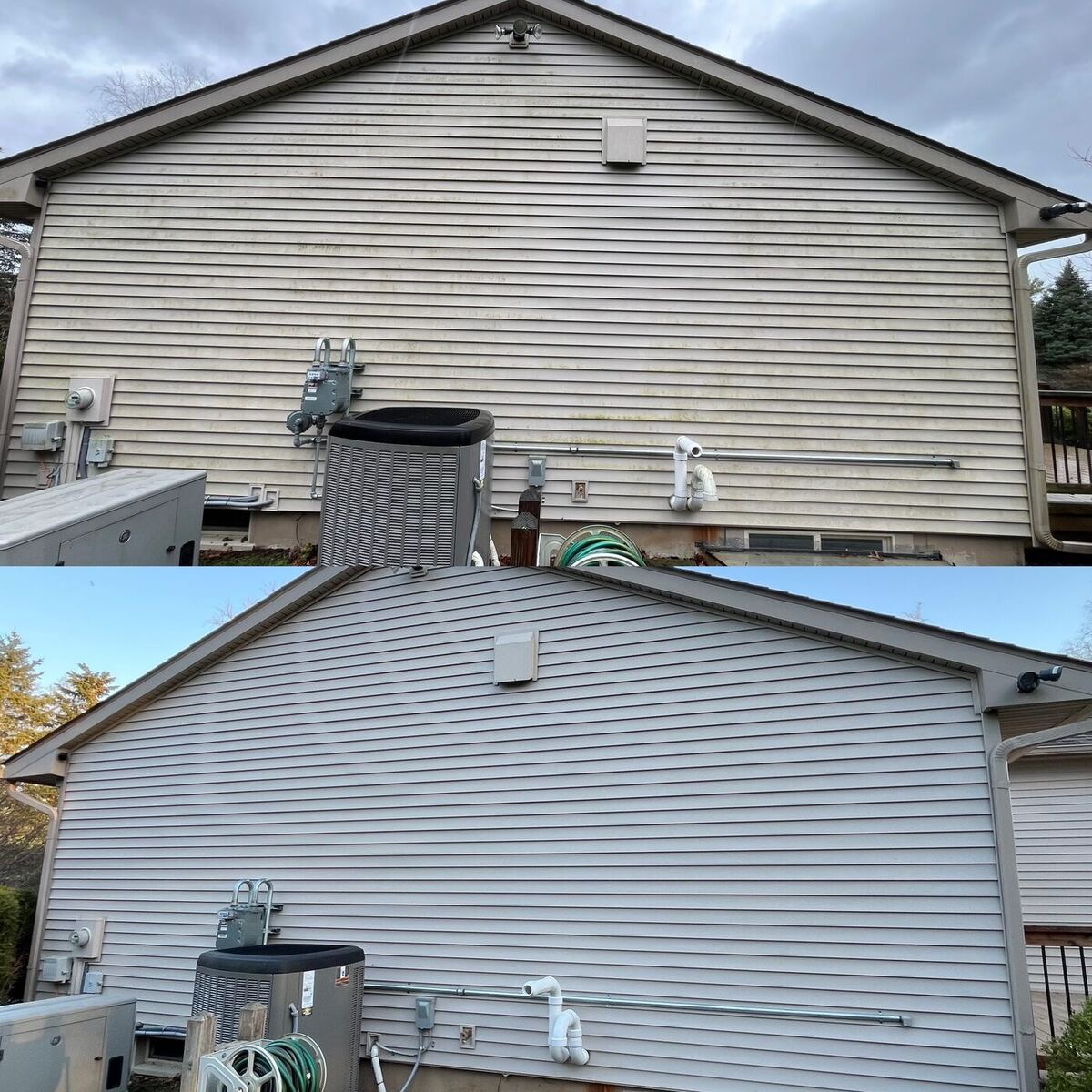House gable and siding before and after exterior soft washing.