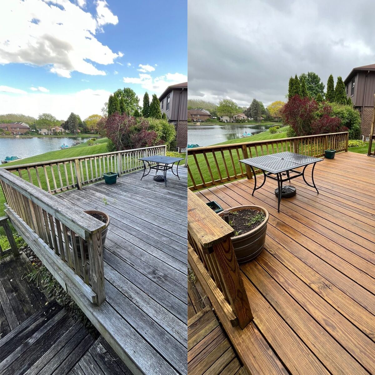 Weathered lakeside wood deck before and after restoration cleaning.