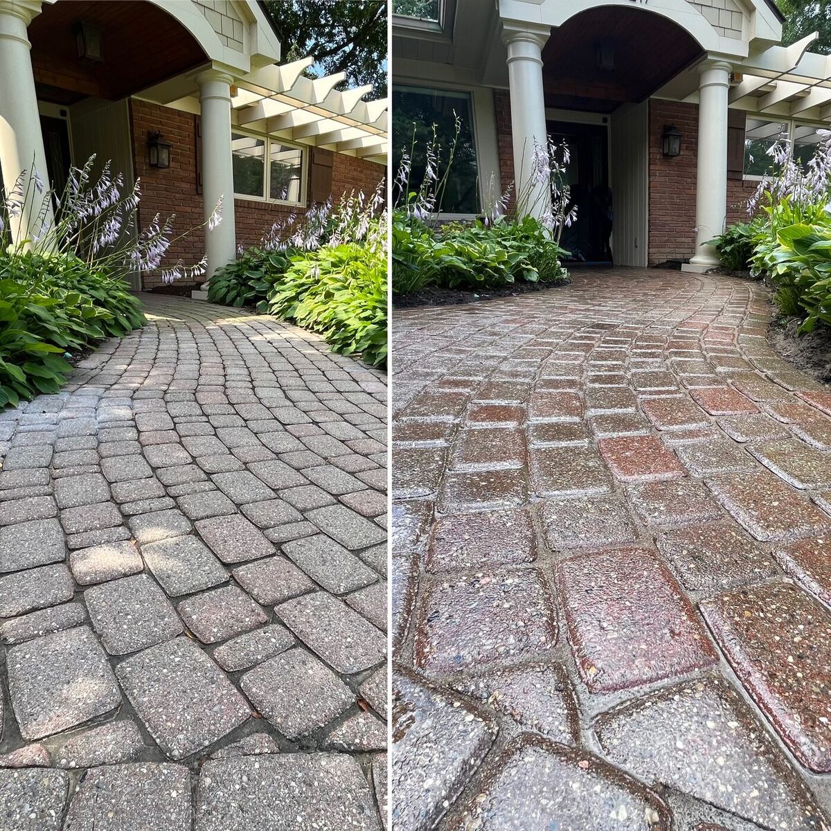 Brick paver driveway under a portico before and after pressure washing.