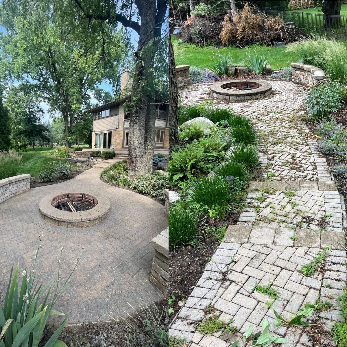 Paver patio with fire pit before and after cleaning — weeds and grime cleared from the pavers.