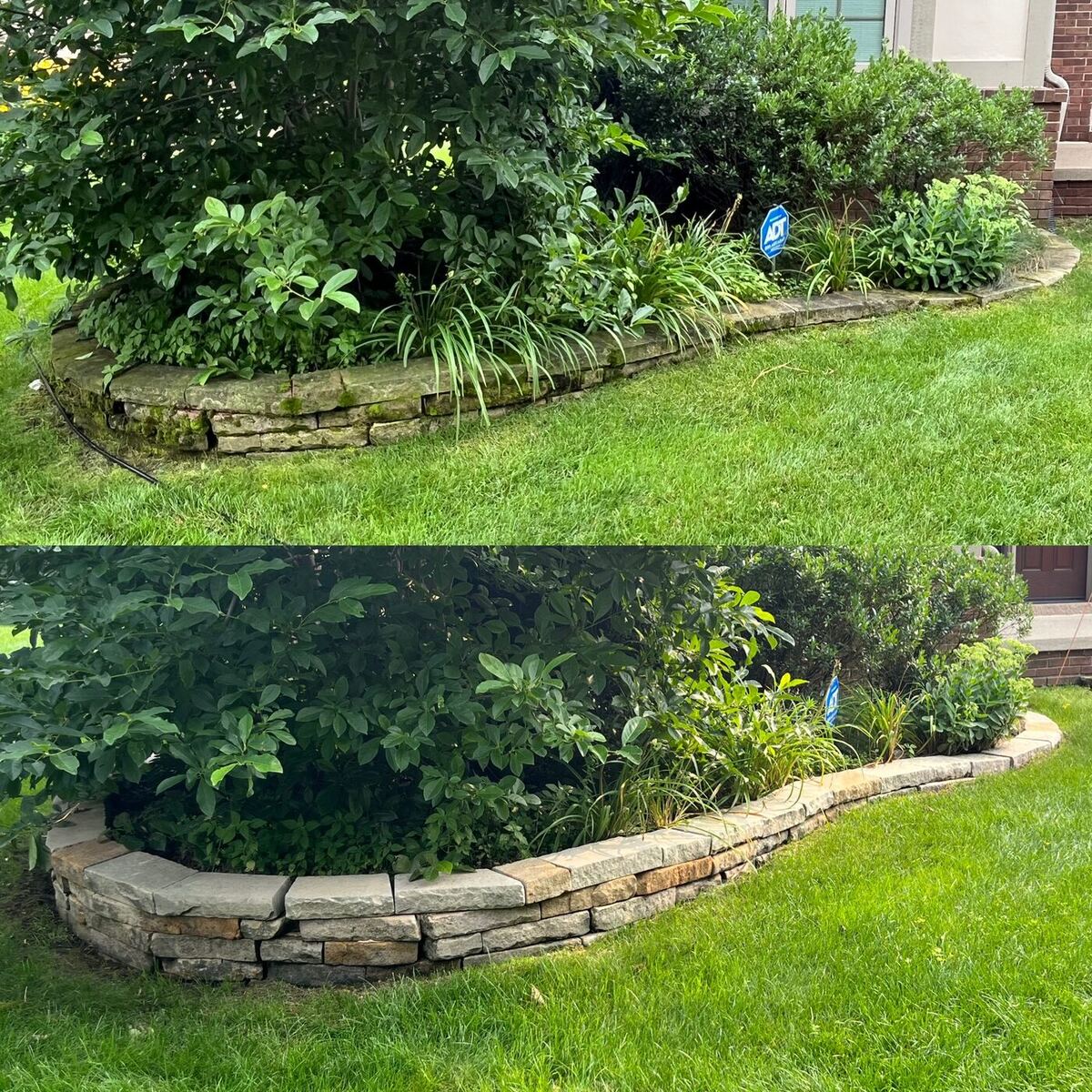 Stacked stone garden border before and after cleaning — algae removed and stone color restored.